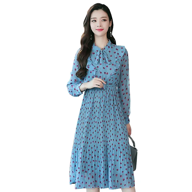 Chiffon Dress 2019 Spring New Arrival Sweet Woman Floral Vintage Female Casual Long Sleeve Bow Printed Dresses | Женская одежда