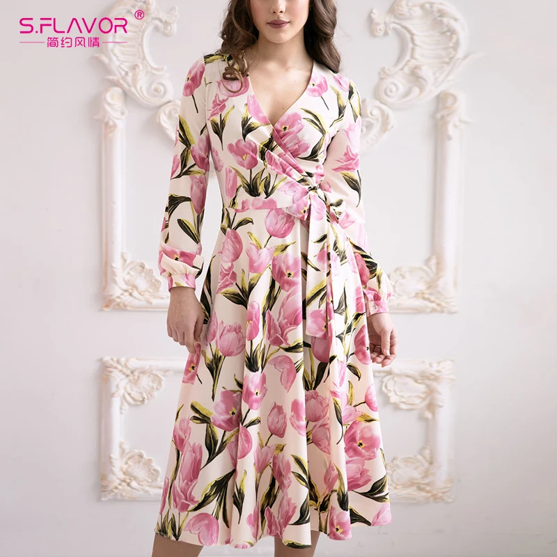 

S.FLAVOR Women Long Dress Bow V-Collar Beige A-line Vestidos Women Waist Autumn Winter Dress Printing For Female Elegant