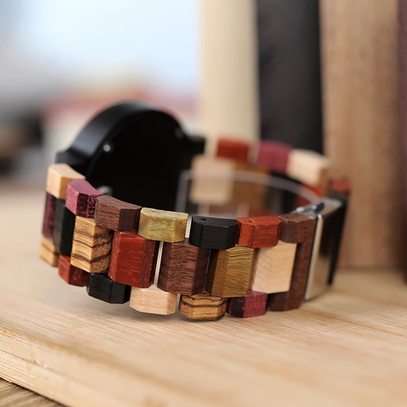 BOBO BIRD P14-2 Deer Collection Wood Watches Date and Week Display Quartz Men Watch with Unique Mixed Color Wooden Band
