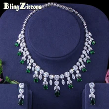 BeaQueen изысканное падение зеленой воды серьги ожерелье кубический цирконий Свадебная вечеринка подарок свадебные комплекты украшений для женщин JS182
