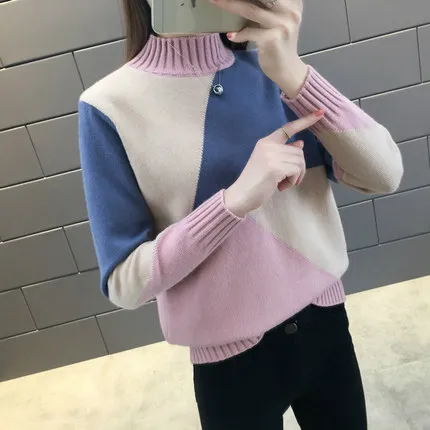 Красивый вязаный свитер контрастного цвета, женский осенний зимний свитер с высоким воротником, пуловер, женский джемпер, топы K886 - Цвет: Pink