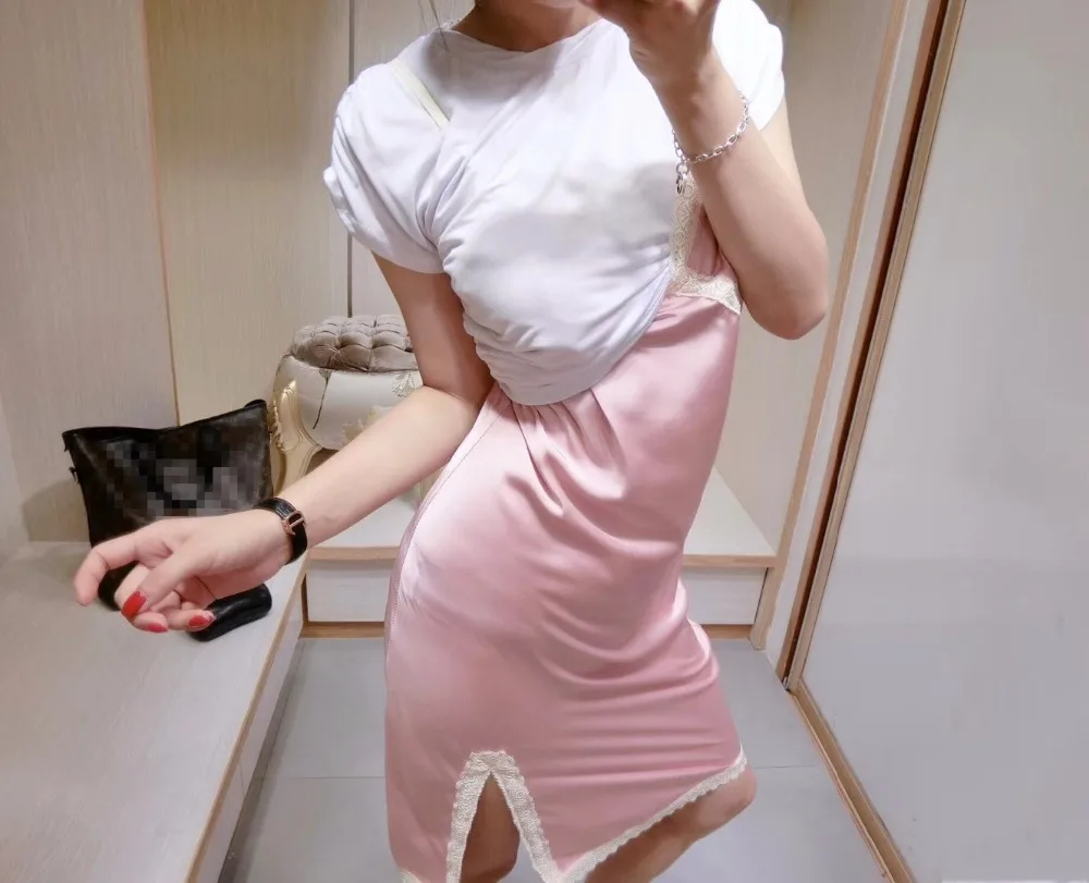 

2018 Women Summer Asymmetrical pink Dress designer Patchwork Short Sleeve Unique Wear Party Wear silk lace sexy Dresses