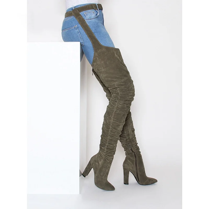 Por Plisado Tacones Cuadrado De Alta Sexy Negro Del Tacón La Muslo army Punta Gamuza Mujeres Encima Rodilla Green Black Moda Las Zapatos Botas wqIpqz