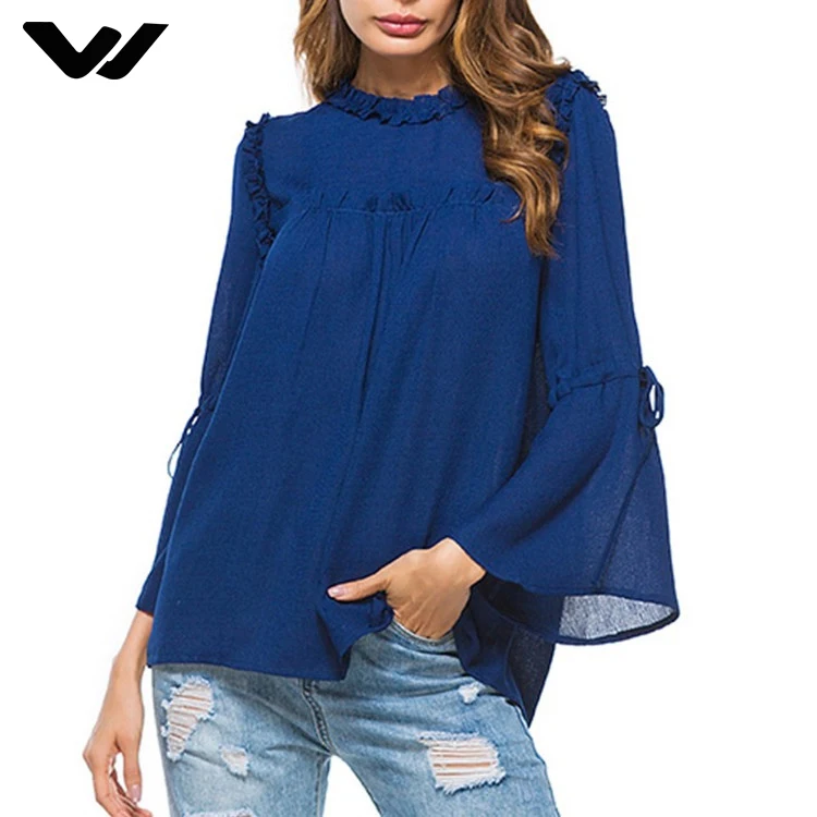 Womens Frill Pearl Shirts Ladies Ruffle Casual Blouse Long Sleeve Tops Autumn