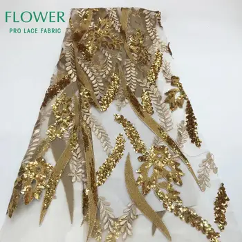 

Gold Sequins Net Lace Fabric Unique Style Sequined Special Embroidered Tulle Lace French Indian Wedding Prom Dresses Material