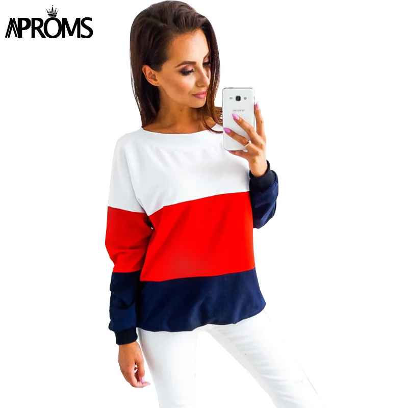 Aproms White Red Color Blocked Long Sleeve T-Shirt Women Fashion Back Bow Tie Tee T Shirt Female Autumn Casual Thin Basic Tops