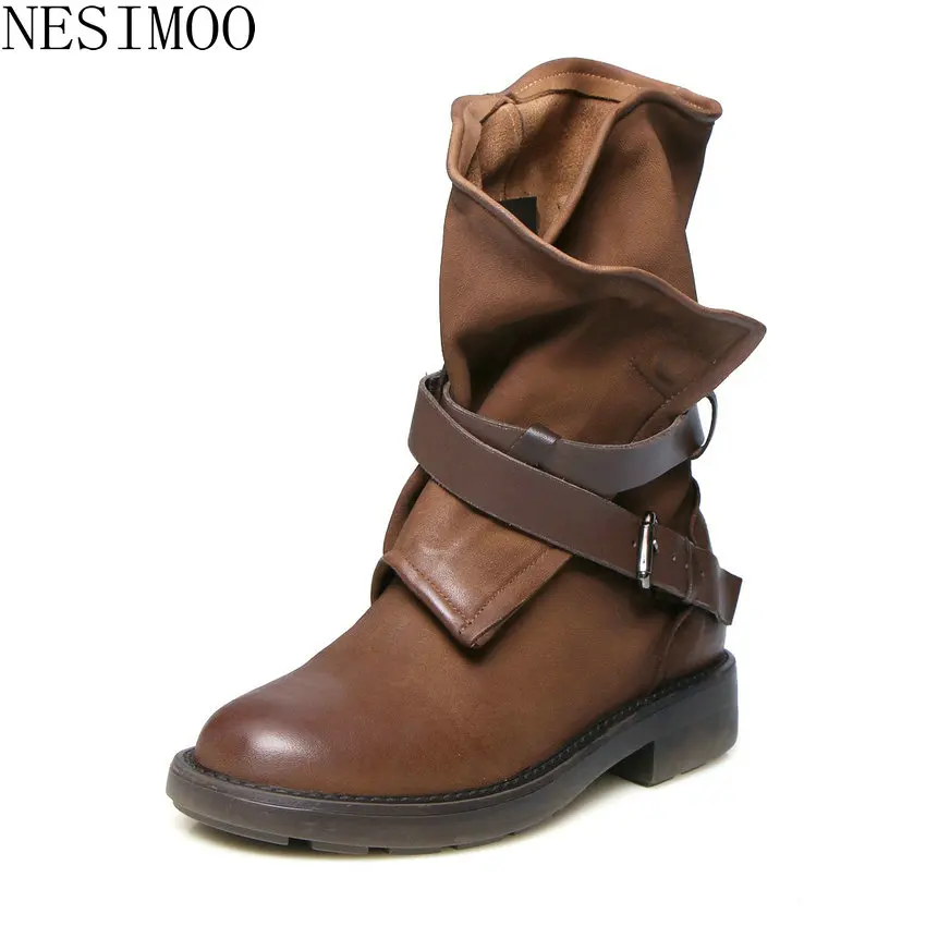 

NESIMOO 2019 Women Shoes Ankle Boots Zipper Square Low Heel Round Toe Genuine Leather+PU Concise Punk Western Style Size 34-39