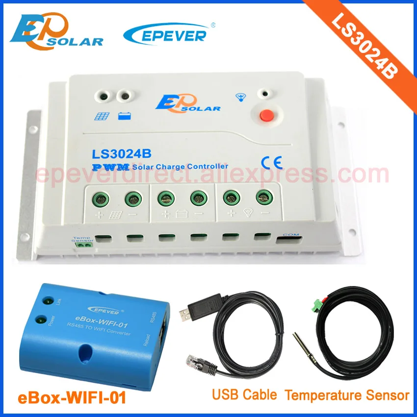 Solar charger battery controller PWM 30A LS3024B with ebox-wifi-01 function box USB cable and temperature sensor