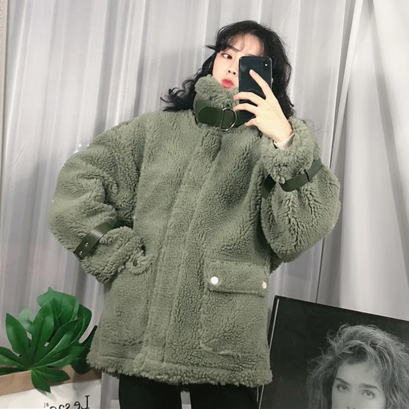 Женская зимняя Толстая куртка из меха ягненка, повседневное пальто Харадзюку, Женская свободная теплая зимняя куртка, Женское пальто с длинным рукавом большого размера