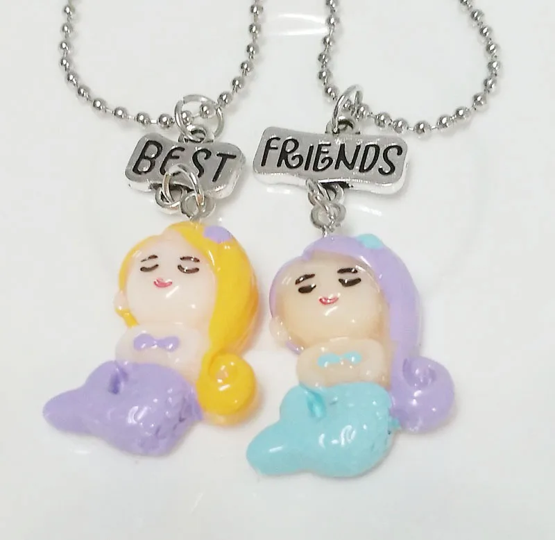 

2PCS/Lot "Best Friends" Cute Mermaid Kid Necklaces Kid 3D Imitation Necklace For Children Jewelry, Birthday Gift