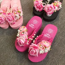 Plus Size 35-42 Flower pearl Women Shoes Wedge Platform Flip Flops 2018 New Summer Shoes High Heels Beach Sandals Ladies pink palms women summer shoes new navy denim platform shoes folk flower embroidered fabric high heels sandals