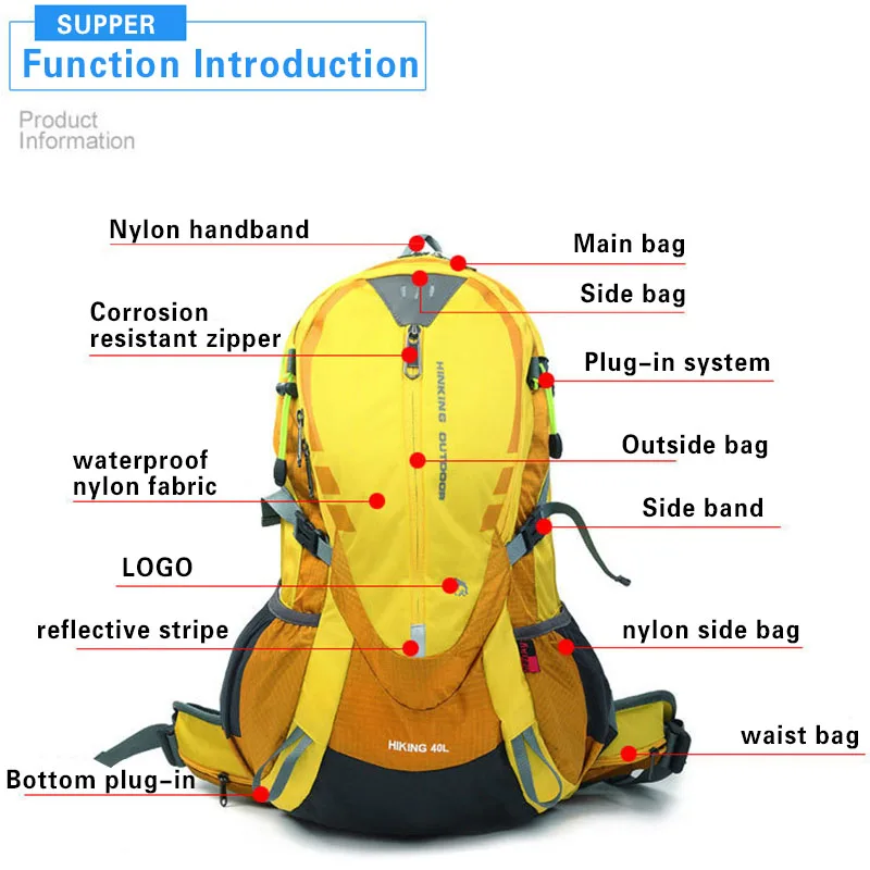 40L рюкзак походные рюкзаки Горный рюкзак Водонепроницаемый рвущийся рюкзак Многофункциональный Кемпинг призвание скалолазание