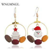 WNGMNGL 2018 New Fashion Santa Claus Christmas Tree Wood Hollow Round long drop Earrings For Women Part Christmas Jewelry Gift christmas tree drop earrings