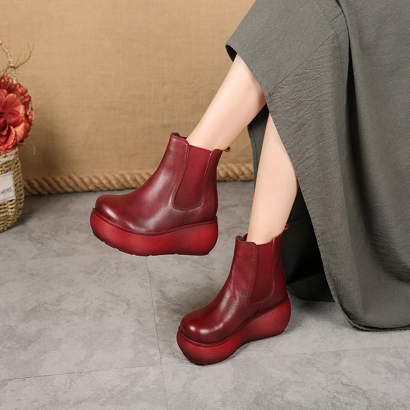forme Wedge Chealsea Femmes Épais Confort Fond Cheville Talon Bootie Réel Bottes Plate Aiykazysdl Véritable En Chaussures Cuir dorCxBe