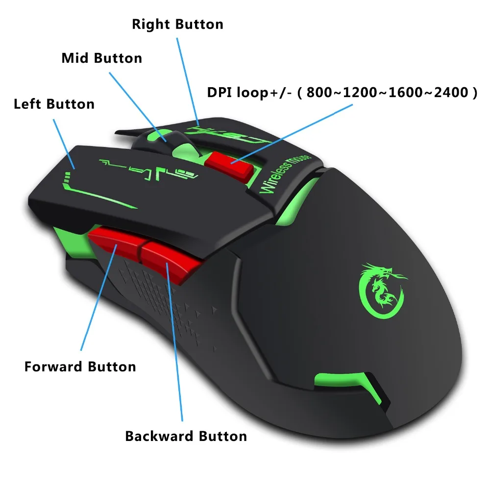 HXSJ 2400 точек/дюйм перезаряжаемая Беспроводная игровая мышь 7 цветов с подсветкой дышащая комфортная геймерская мышь для компьютера настольного ноутбука