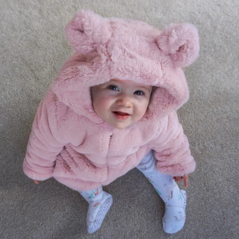 Winter Baby Girls Faux Fur Coat Princess Girls Cute Bear Hooded Warm