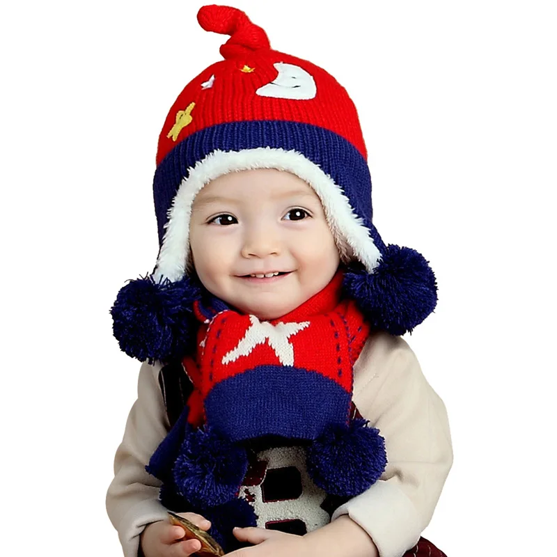 Осенне-зимняя флисовая шапка из 2 предметов для малышей, хлопковая шапка с меховым помпоном, шерстяная шапка с принтом звезды и Луны, теплый шарф, комплект, детская теплая шапка с ушками - Цвет: Red