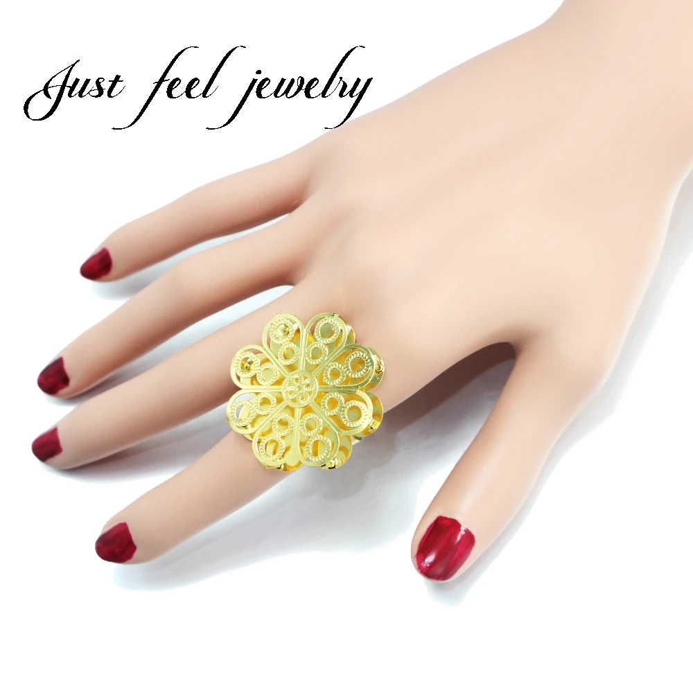 

JUST FEEL Wide 3.5mm Big Gold Color Openable Finger Rings Natural Plant Double Layer Flower Rings for Woman Indian/Dubai Jewelry