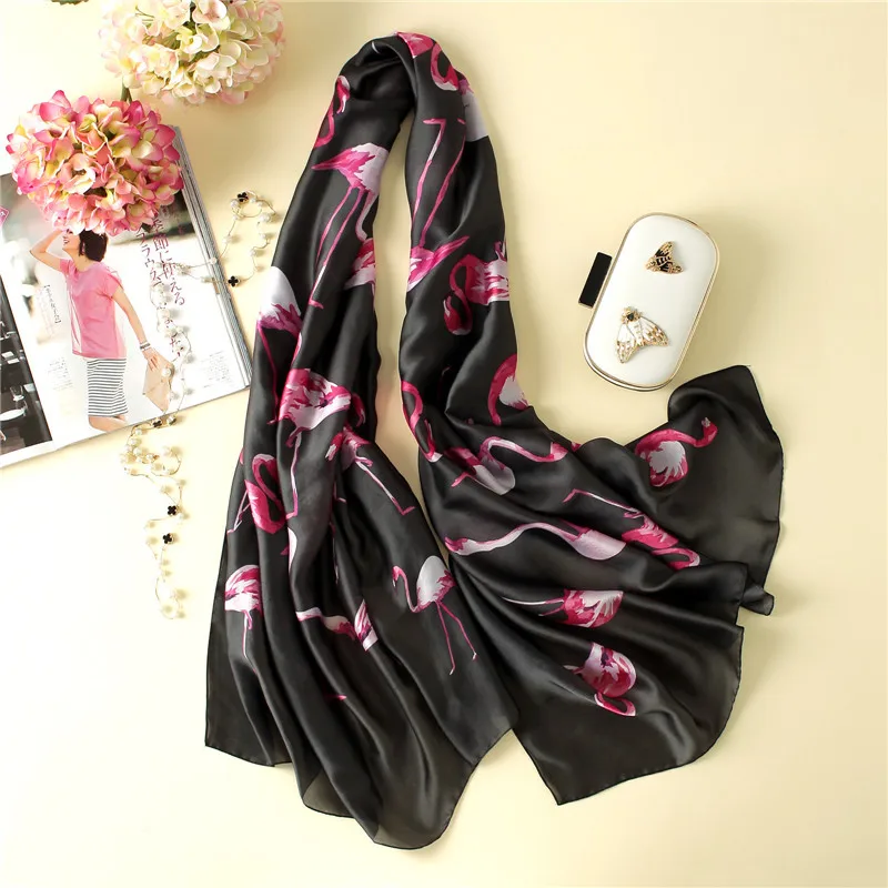 Животное шёлковый шарф, модный Для женщин/дамы цифровая печать Фламинго мягкий платок из чистого шелковые шарфы шали шарфы - Цвет: Черный