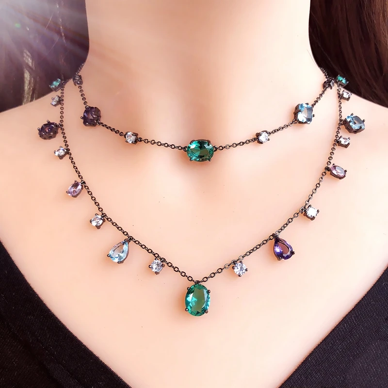 

Luxury Colorful Necklace Jewelry Set for women green Crystal Zirconia stone pendants Choker Necklaces Bohemia Jewelry statement
