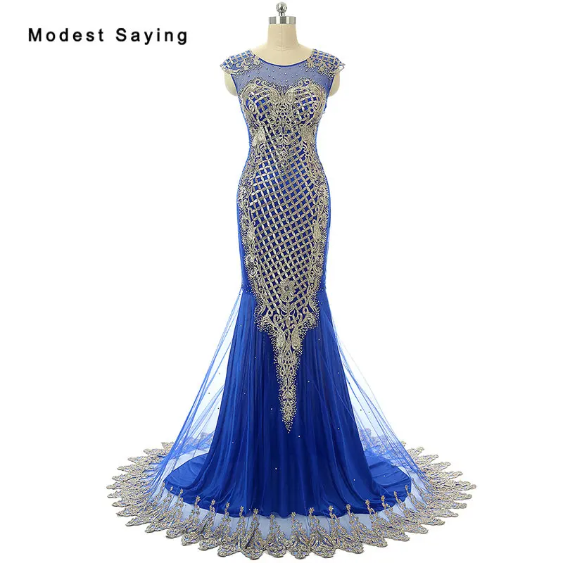 

Elegant Royal Blue Mermaid Beaded Lace Evening Dresses 2018 with Gold Applique Formal Party Prom Gowns vestido de festa longo