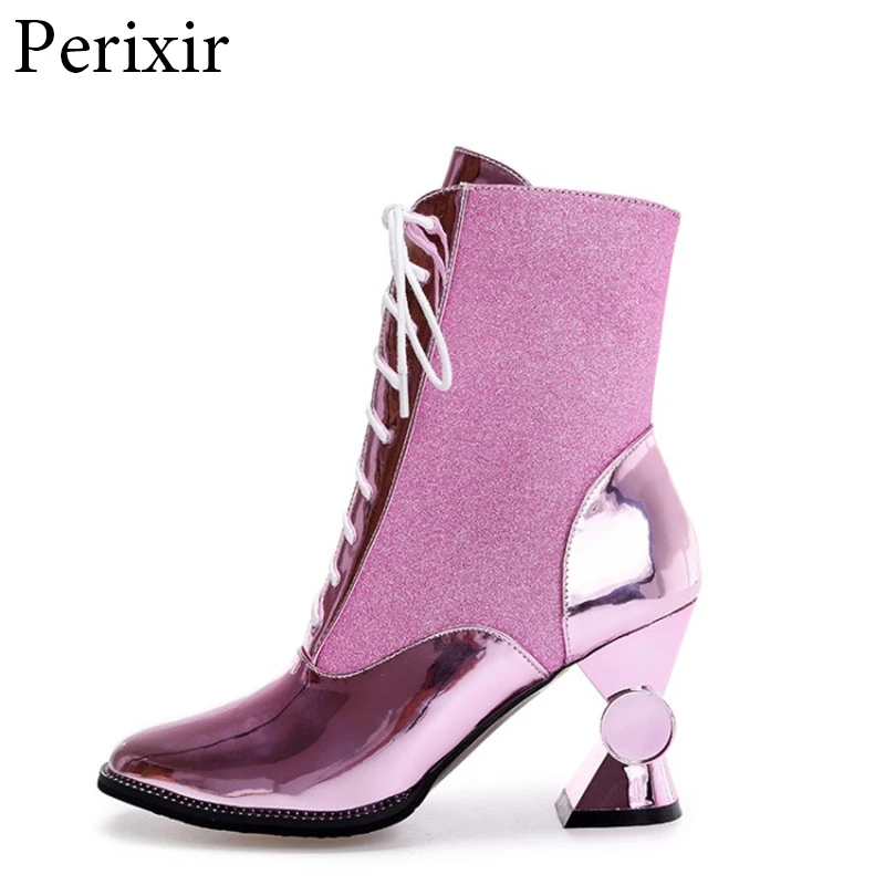 

2019 Women Boots Autumn and Winter Women Shoes Unique High Heels Pointed Toe Warm Boots Fashion Lace Up Gold and Silver Booties