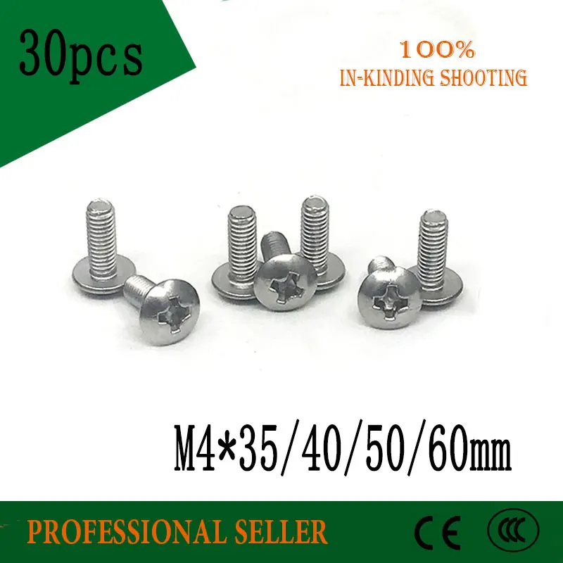 

30pcs M4*35/40/50/60mm 304 Stainless Steel Cross Screws Round Head Plain End Self-tapping Screw Bolt Fasteners