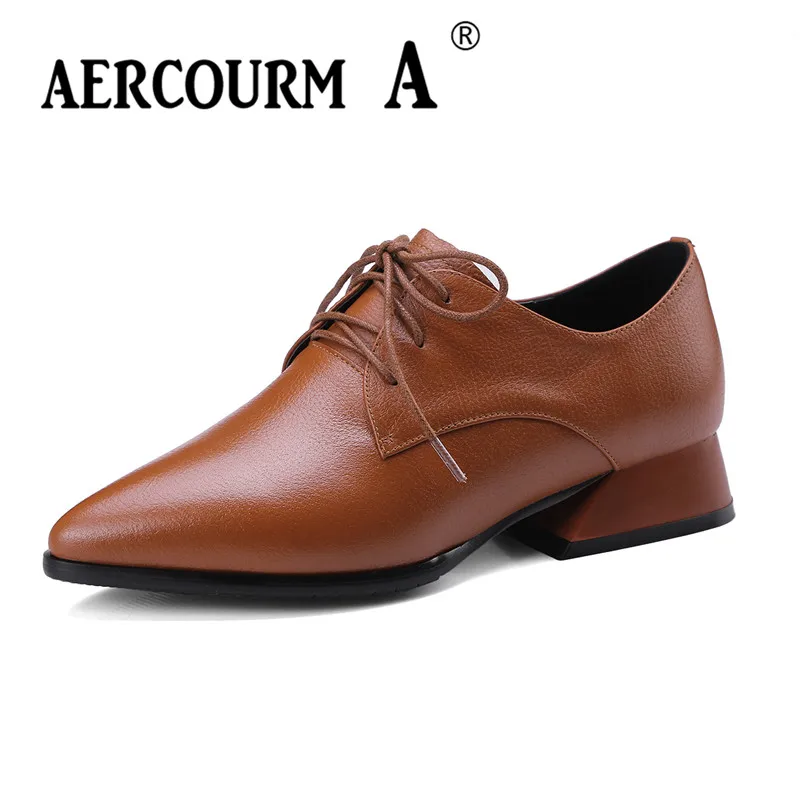 

Aercourm A Fashion Spring Autumn Women Pumps Square Toe Lace Up Genuine Leather Shoes Square Heel Black Brown High Heels Shoes