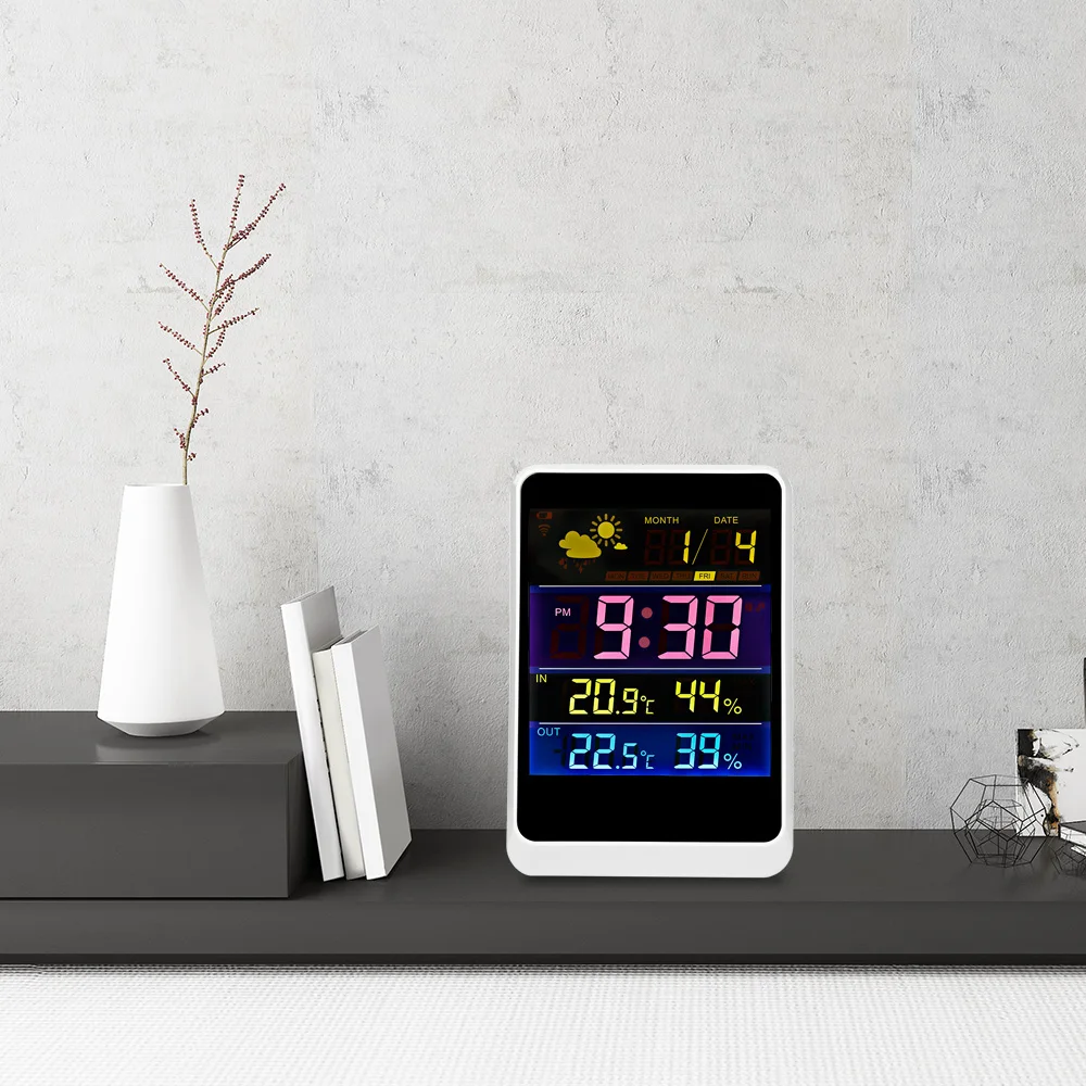 Vente Sans fil Station Météo Coloré LCD Numérique Thermomètre Dans Extérieure Température Contrôleur Humidité Alarme Mètres Horloge EU US UK