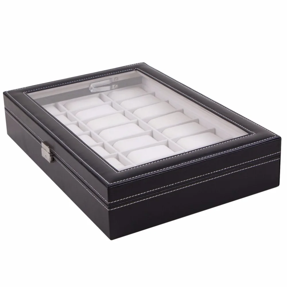 24 Grid Watch Box Case Holder Glass Pillow Organizer Classical Black Leather Wristwatch Storage Case Foam Pillow Transparent