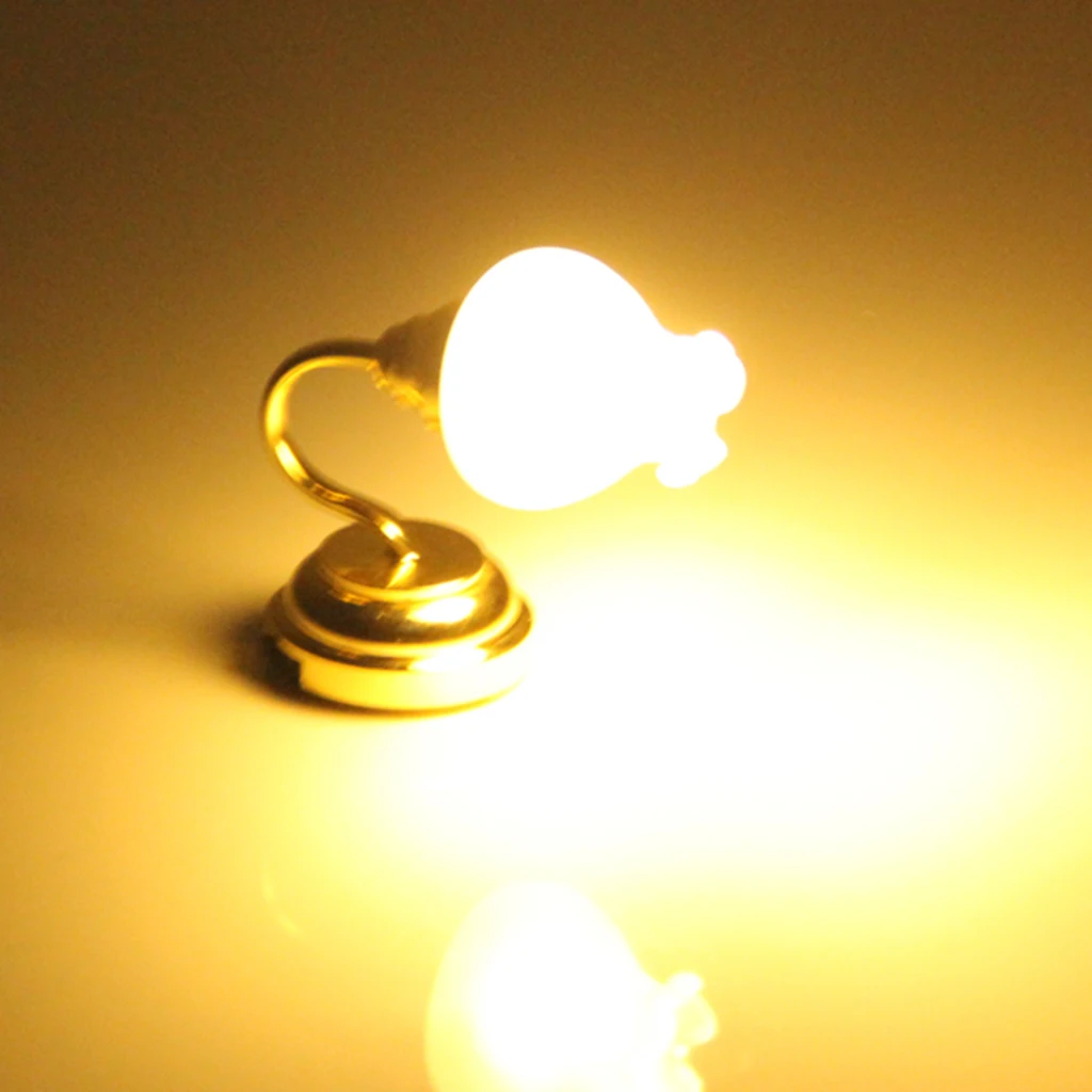 Gold Plated Floral Metal 1:12 Dollhouse Miniature LED Wall Lamp Light Model