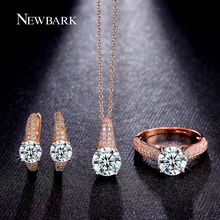 Sistemas de la joyería reloj de la boda newbark set brillante pendientes de aro 2 quilate Corte Redondo Collar Y Anillos de Oro de Rose Plateado Partido regalo