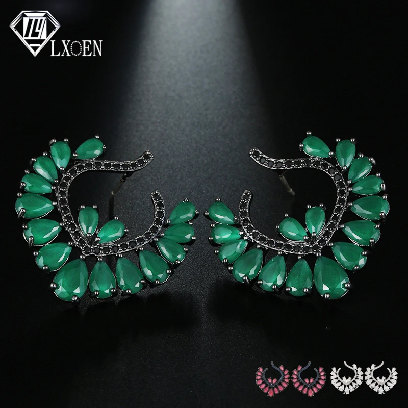 

LXOEN Ethnic Red And Blue Leaf Stud Earrings Punk Zirconia Studs Ear For Women Luxury Retro Vintage Indian Jewelry brinco