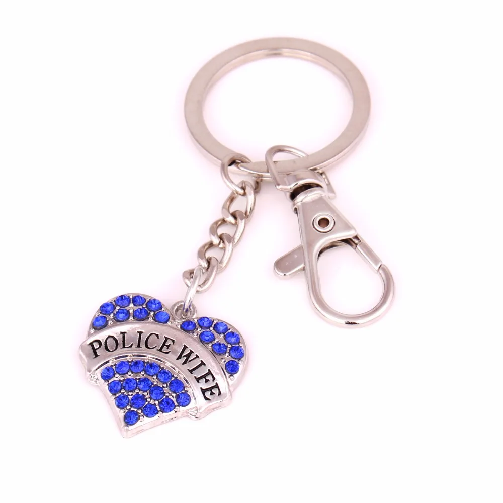 

Drop shipping 1"*1" inches rhodium plated POLICE WIFE Pave Crystal Heart Charm Key Chain