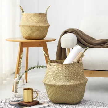 

Household Foldable Natural Seagrass Woven Storage Baskets Garden Flower Vase Hanging Basket With Handle Storage Bellied Basket