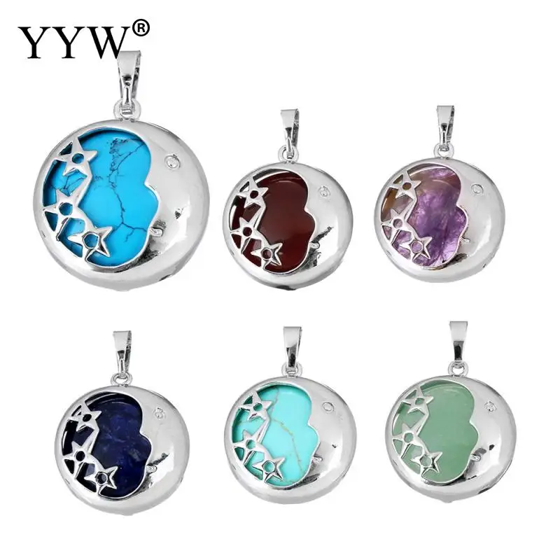 Gem stone Pendants Jewelry with Brass Flat Round Necklace Pendant natural &amp different materials for choice | Украшения и
