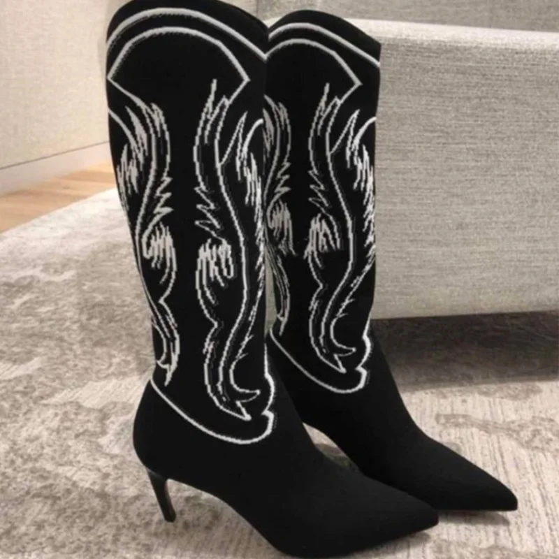

Sock Boots Women Brand Runway Hot Short Booties High Heel Mid-calf Boots Knitting Woman Shoes Pointed Toe Stretch Fabric Shoes