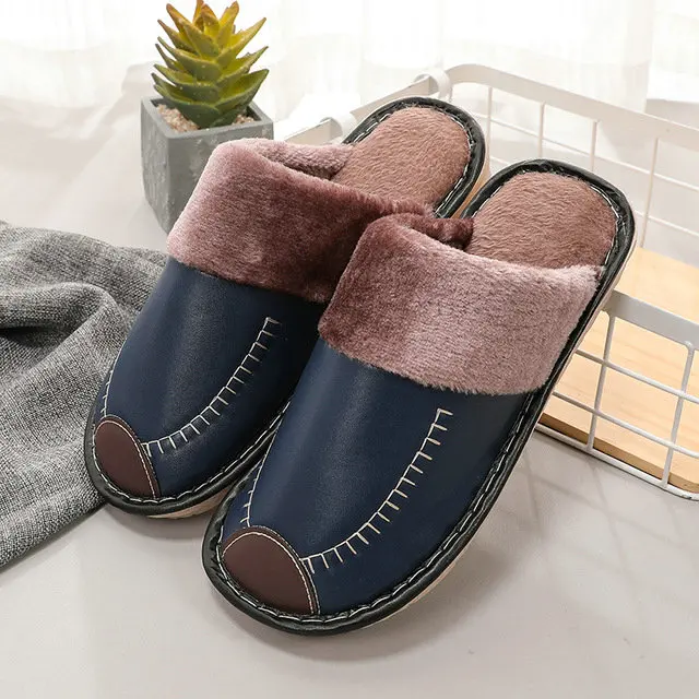 Leather Women Men Couples Home Slippers For Indoor House Bedroom Shoes Comfortable Plush Unsex Warm Mens Slippers Shoes (9)