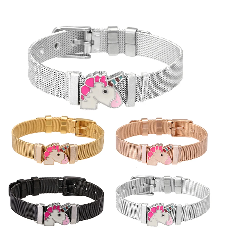 

TOGORY New Desgin Keeper Bracelets Bangles Set With Unicorn Slide Charms Mesh Bracelets For Women Stainless Steel Jewelry