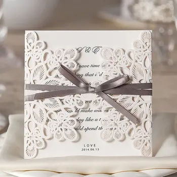 

100pcs/lot Elegant Blank White Laser Cut Wedding Invitation Card with Ribbon, for Quinceanera Baby Shower Birthday Party Favors