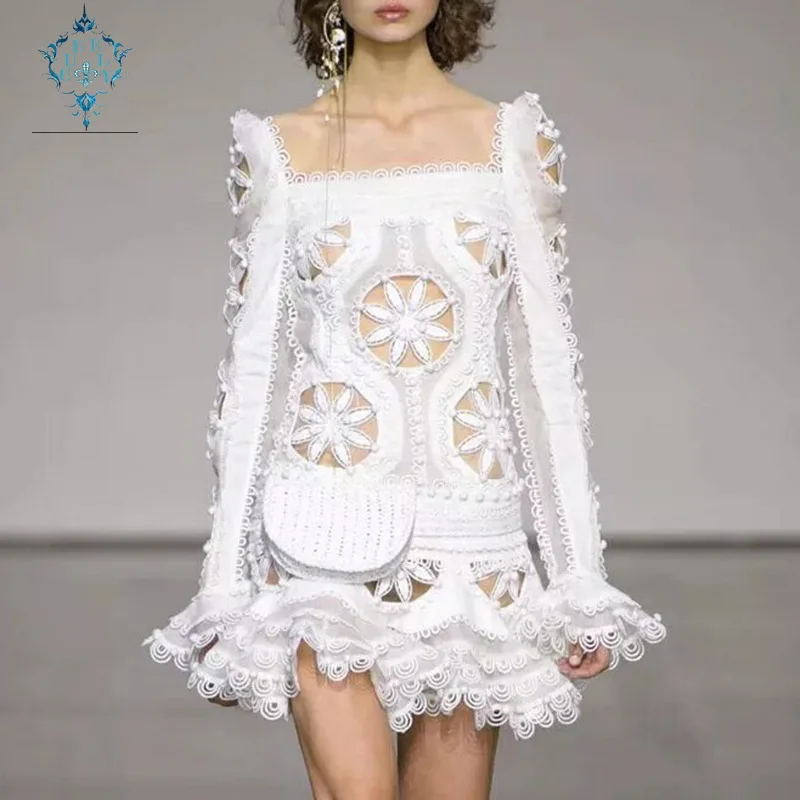 

CUERLY 2019 high fashion runway crochet sexy birthday club party dresses square collar fit and flare long sleeve mini dresses