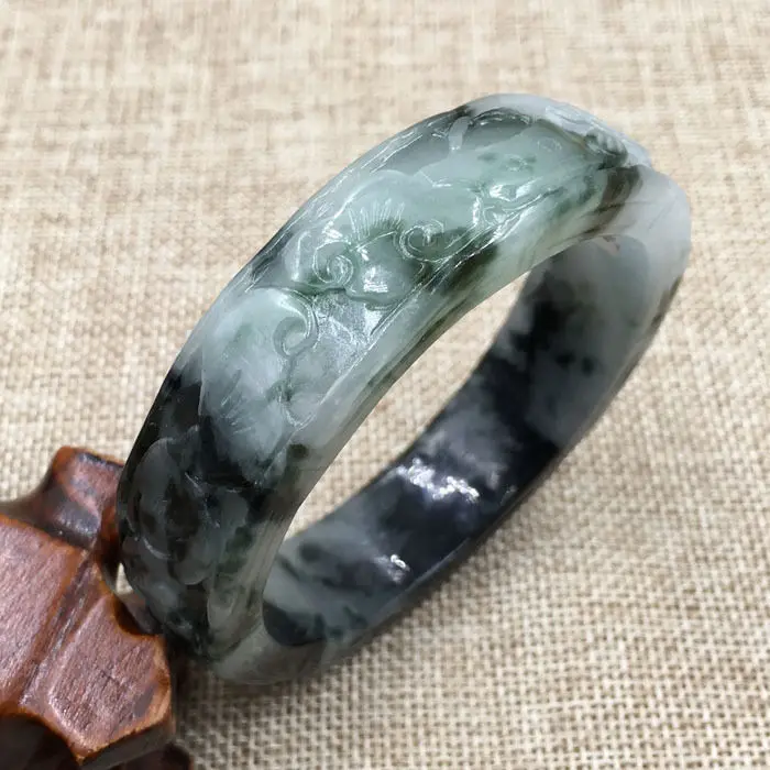 

59mm Vintage Chinese Hand-carved Black Green Jadeite Jade Bracelet Bangle 761