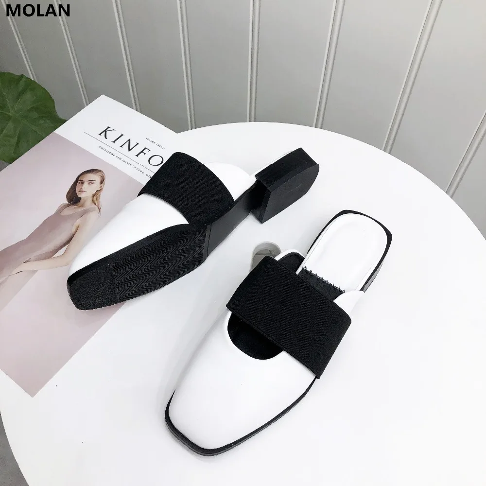 

MOLAN Brand Designers 2019 Spring New Fashion Wide Band Square Toe Woman Shoes Med Heels Slip On Loafers Flip Flops Mules 35-40