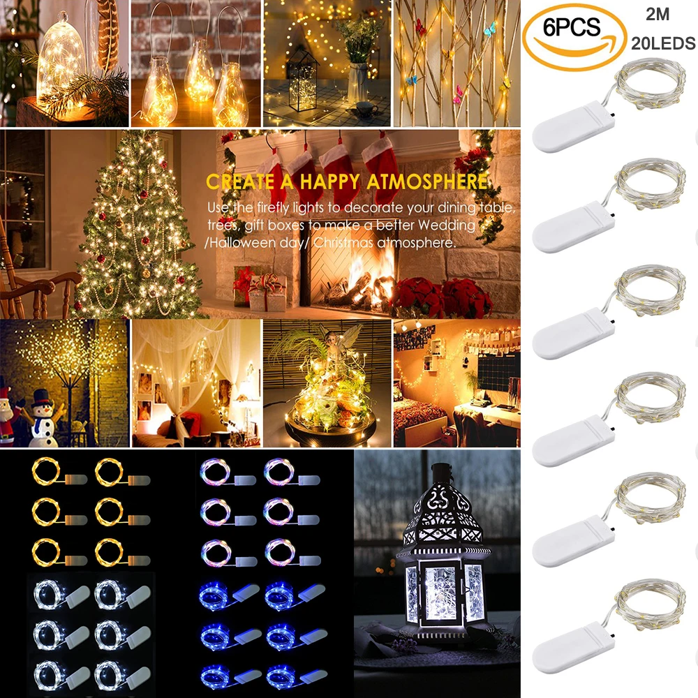 6Pack 2M 20 LEDs LED String Fairy Light Copper Wire String Light Battery Powered For Holiday Wedding Party Christmas D40