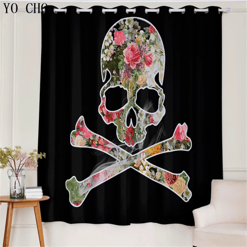 

YO CHO Hot 3d gordijnentule Halloween curtain rideaux occultant skull flower curtains for bedroom/living room Polyester cotton