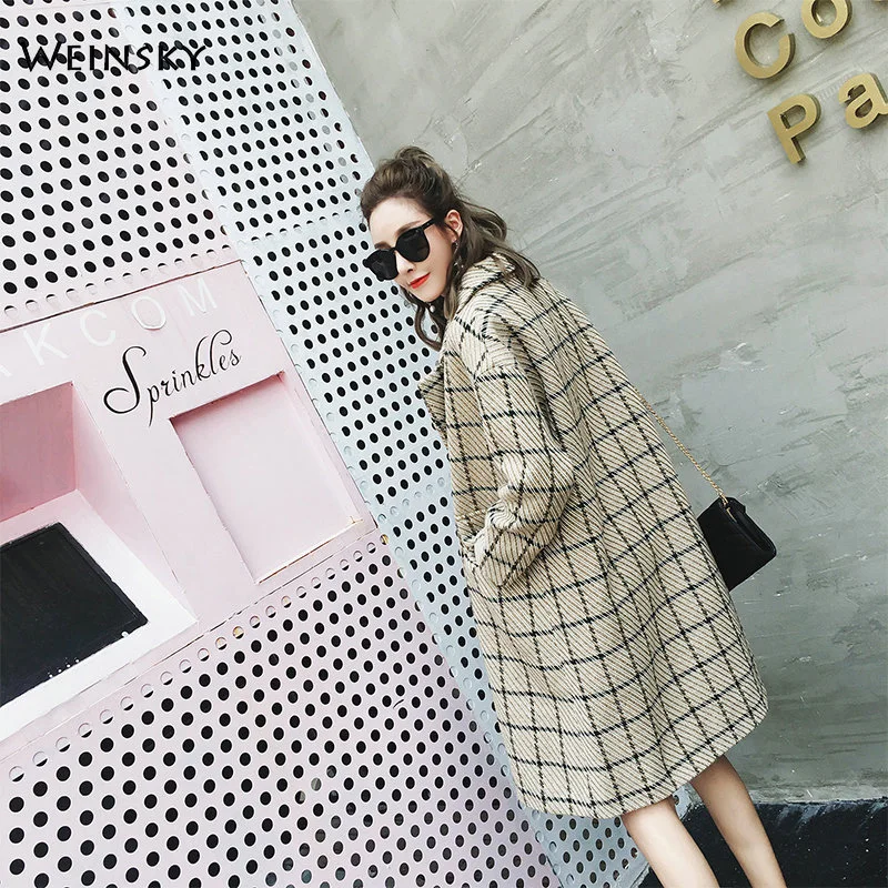 Weinsky Women Coats Autumn Winter Long Imitation Wool Coat 2018 Fashion Overcoat Ladies Vintage Style Coat