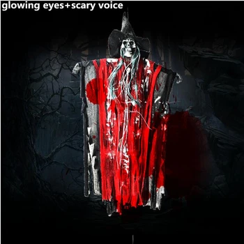 

Top Grade Scary Voice Halloween Prop Electric Luminous Fun Animated Speaking Witch Glowing Red Eyes Hanging Halloween Decoration