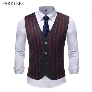 

British Style Sleeveless Waistcoat Men 2018 Autumn New Single Breasted Striped Suit Vest Men Business Gentleman Dress Vests 5XL