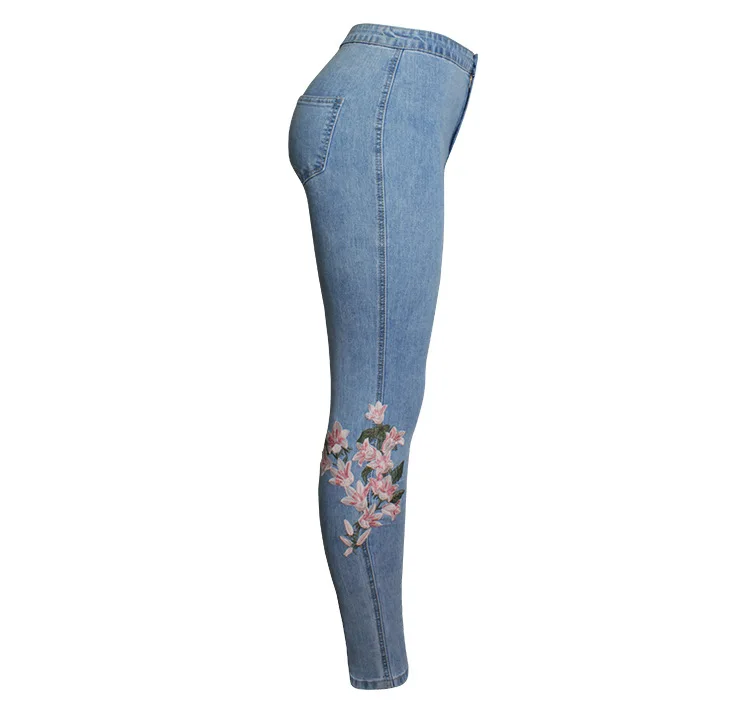Женские джинсы с высокой талией, с вышивкой, элегантные, тонкие, пуш-ап, джинсовые штаны, Mujer, маленькие, синие, с цветочным принтом, повседневные, женские, узкие брюки