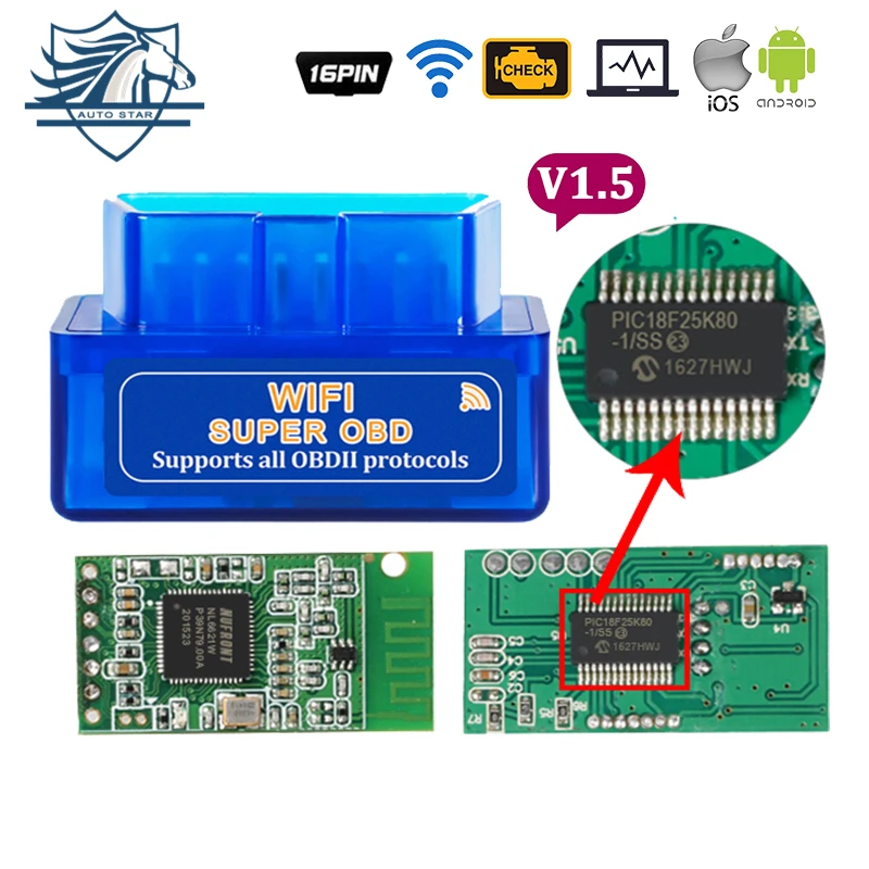 Super OBD2 II ELM327 WIFI V1.5 With Pic18F25K80 Car Diagnostic Scanner Tool Engine Check Code Reader For Android iOS Windows Super OBD2 II ELM327 WIFI V1.5 With Pic18F25K80 Car Diagnostic Scanner Tool Engine Check Code Reader For Android iOS Windows